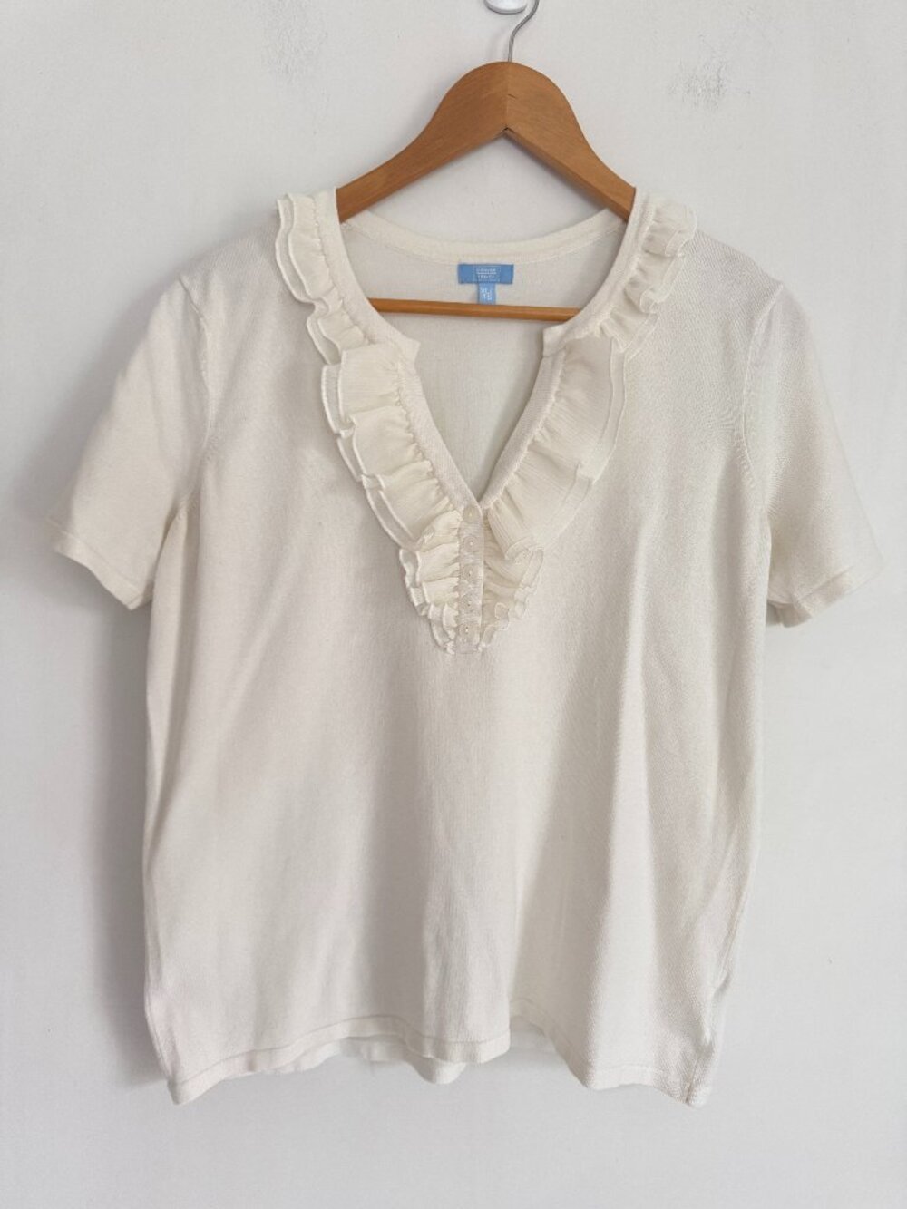 Denver Hayes Women White V Neck Ruffle Short Sleeves Pullover Top Size XL